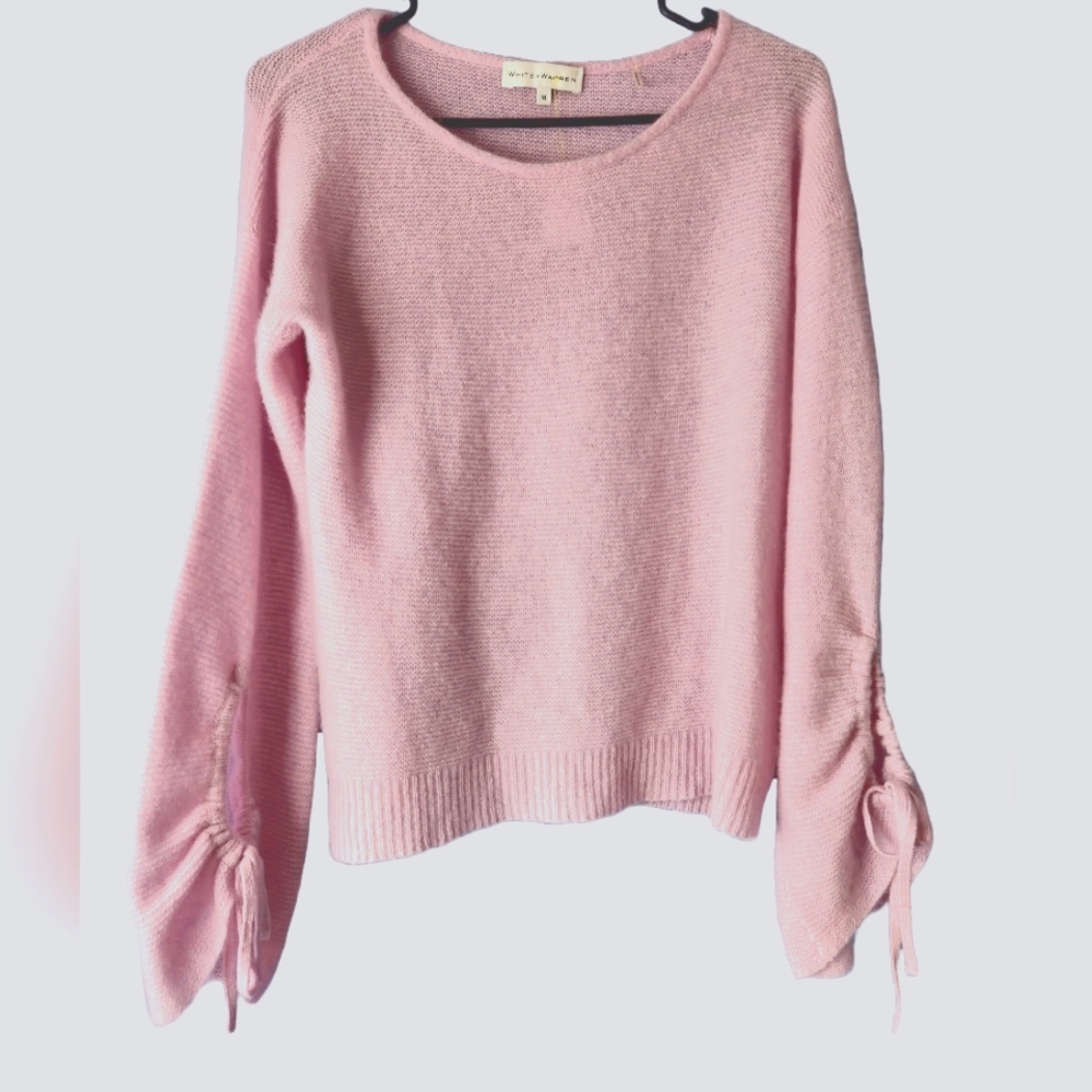 White + Warren Soft Pink Tie-Sleeve Crewneck Sweater